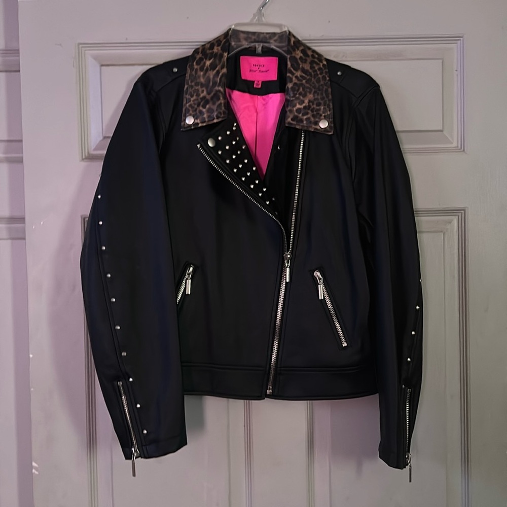 Black Faux Leather Jacket with Leopard Accents
